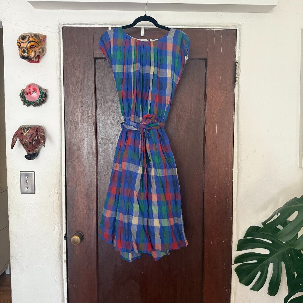 Plaid Midi Dress with Belt in Blue and Green